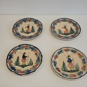 HB Henriot Quimper 4 Round Scalloped Edge Plates Breton Man Woman France 5.75 in
